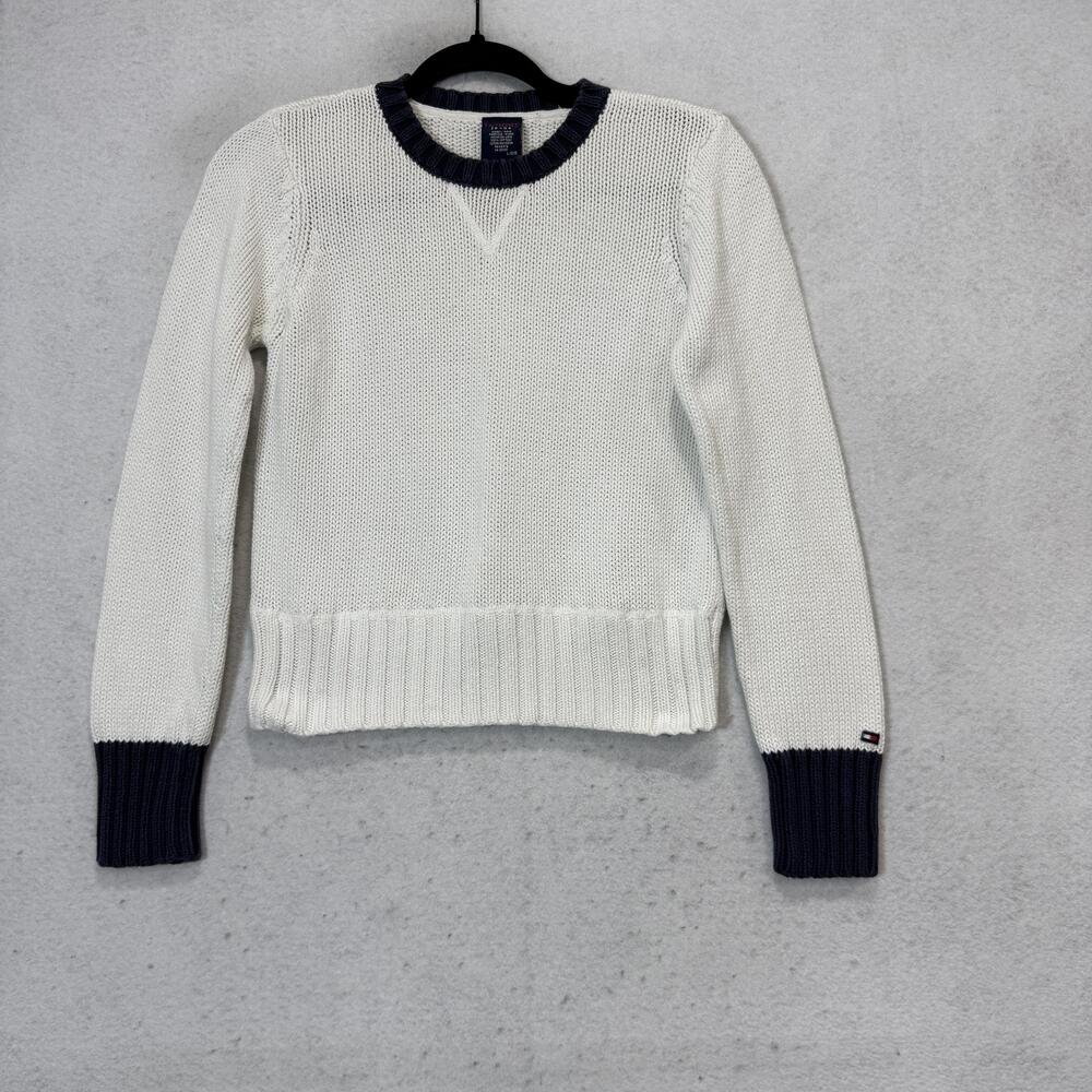 Tommy Jeans Sweater Womens Large White Crew Neck Contrast Cuff Knit Pullover